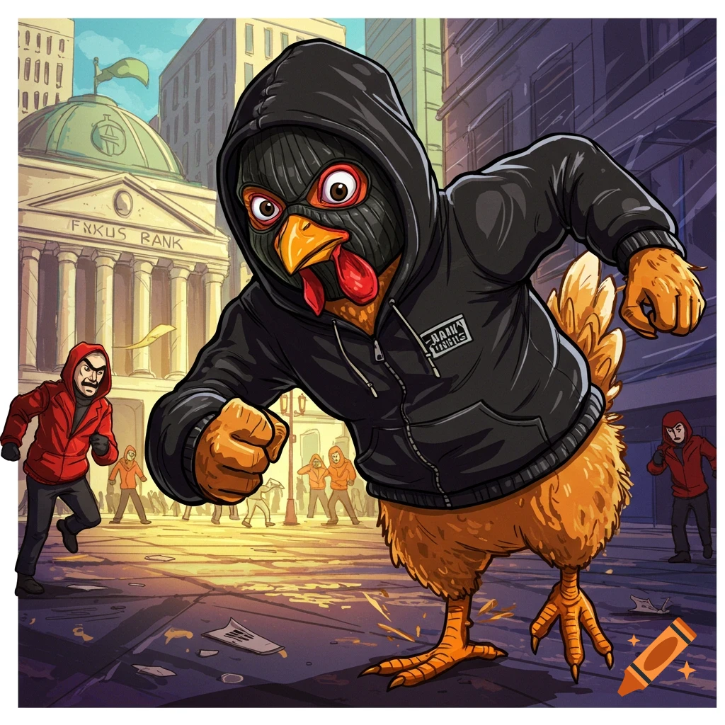 Cartoon chicken in a ski mask and hoodie runs from a bank with people chasing.