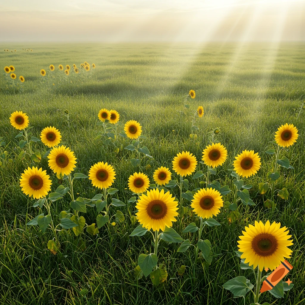 Sunflowers bloom in a lush green field under warm sunlight.