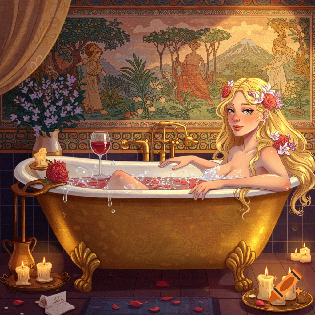 Aphrodite in a golden bathtub with rose petals and wine, surrounded by candles and a mosaic wall.