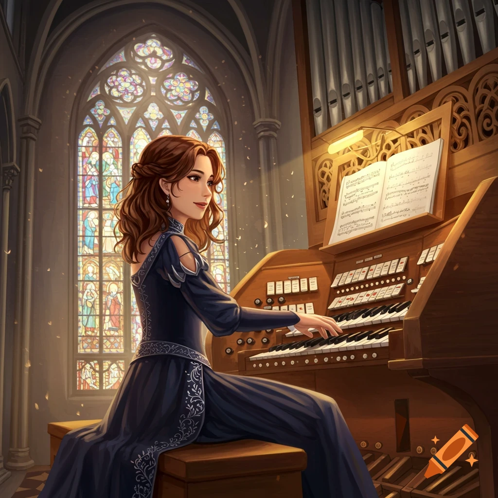 A woman playing an organ in a church with stained glass.