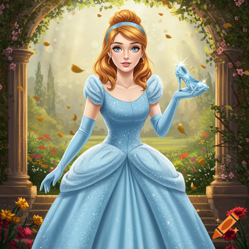 Cinderella in a blue gown holds a glass slipper in a garden, digital art.