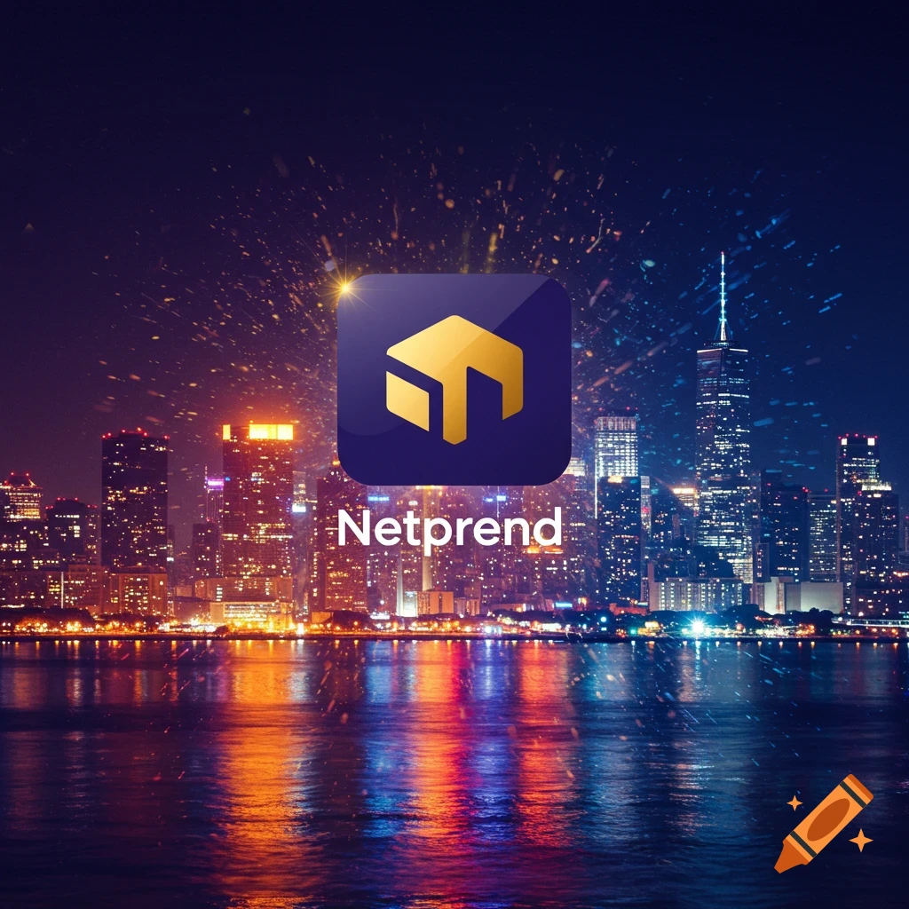A golden logo with text 'Netprend' over a dark blue nighttime cityscape reflected on water, with streaks of light in the sky.