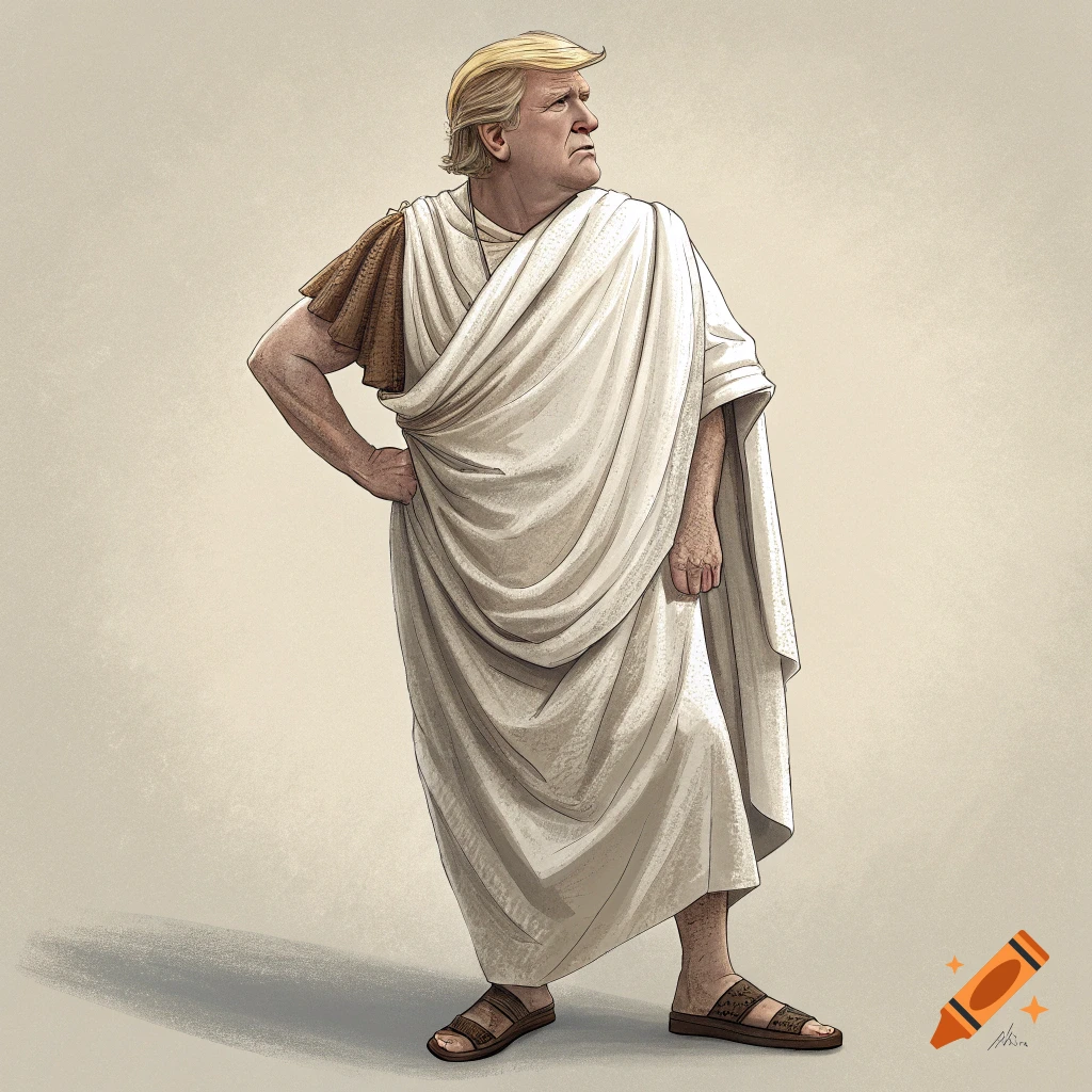 Illustration of a person resembling Donald Trump wearing a Roman toga and sandals.