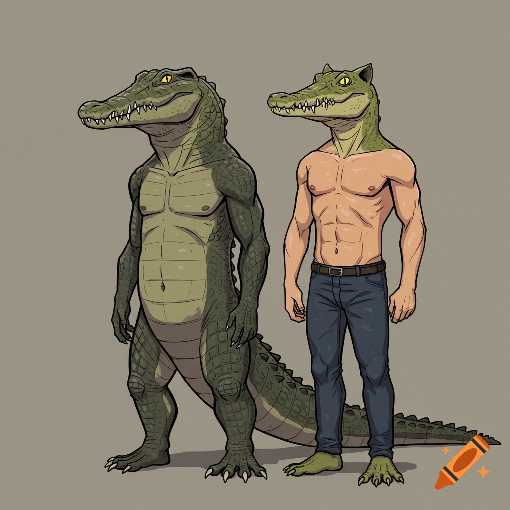 Cartoon illustration of two anthropomorphic figures, one a muscular crocodile character and the other a muscular human with a crocodile head.