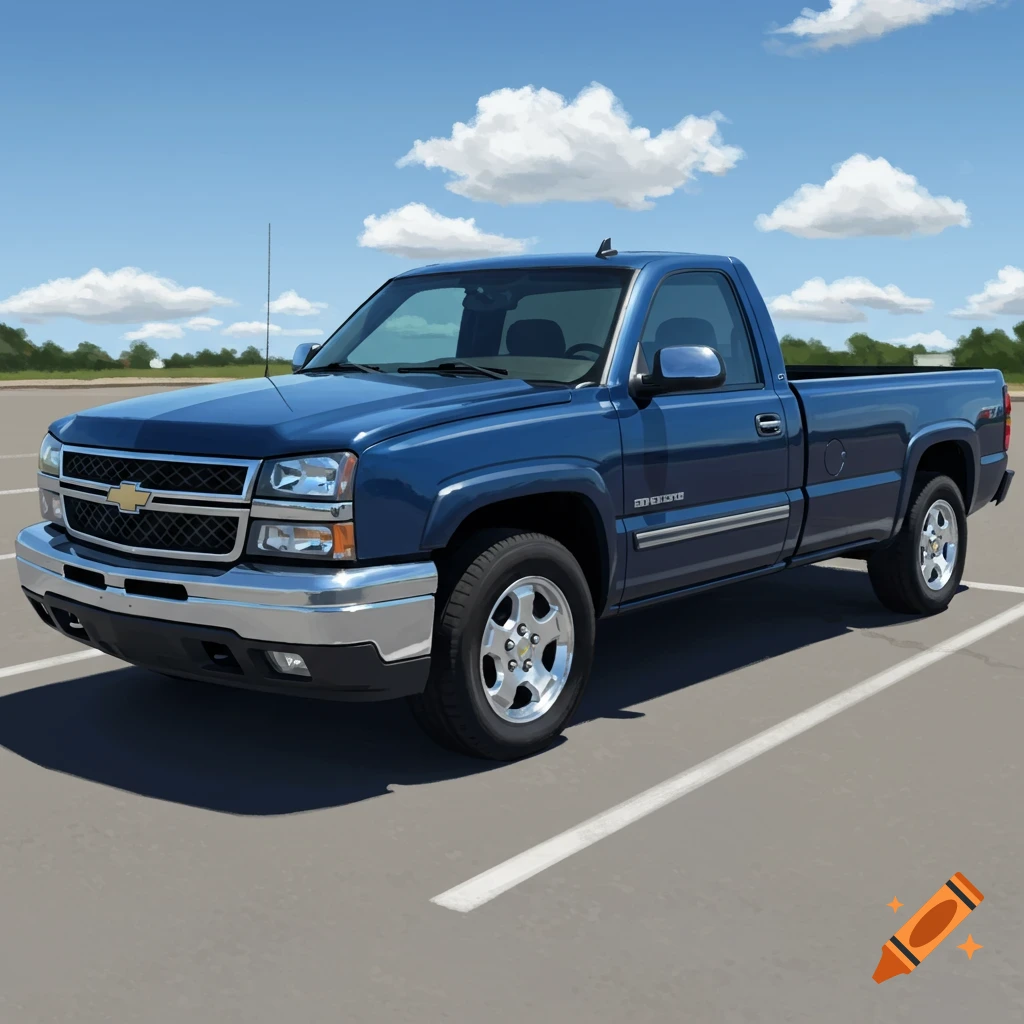 A blue Chevy Silverado pickup truck is parked in a lot.