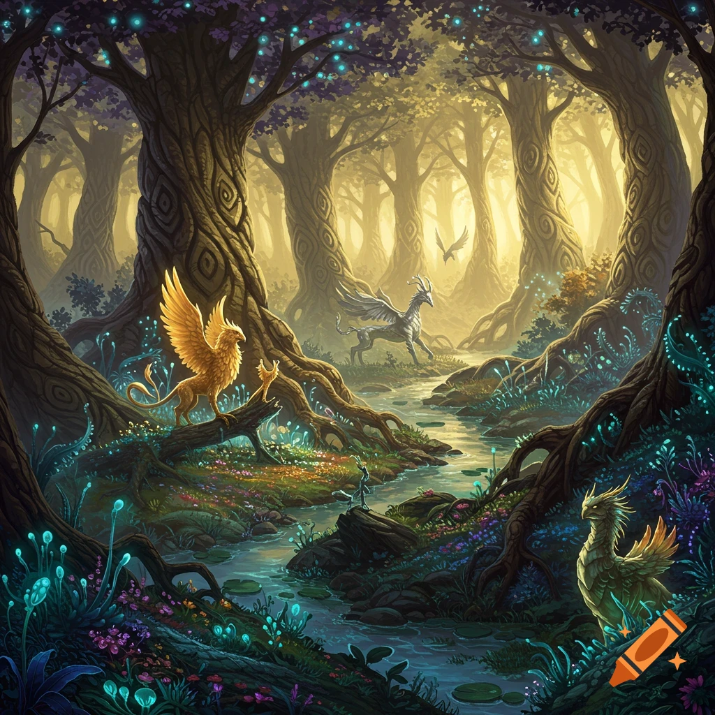 Griffins and a dragon-like creature stand by a stream in a vibrant mythical forest with glowing plants.