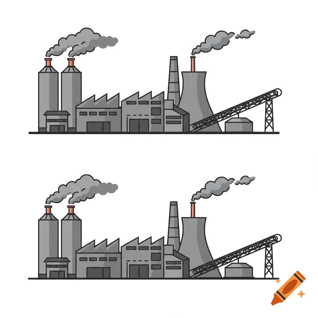 Clip art illustration of an industrial factory with buildings, cooling tower, and smoking chimneys.
