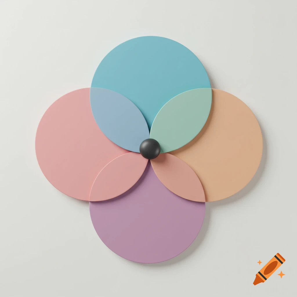 A geometric shape of overlapping pastel pink, purple, blue, and orange circles with a black sphere in the center.