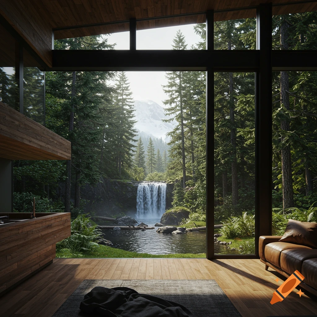 View from a modern house interior through large windows to a waterfall in a pacific northwest forest with a distant mountain, photorealistic.