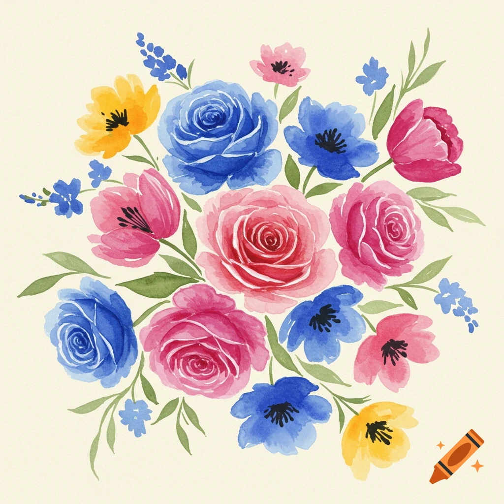 Watercolor painting of a colorful bouquet of pink, blue, and yellow flowers.