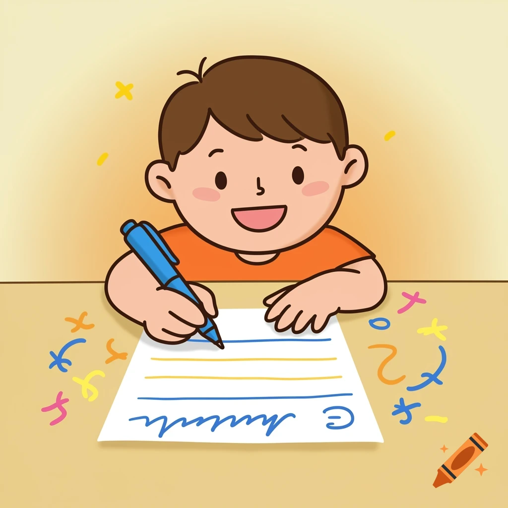 A cheerful cartoon boy smiles while writing on a piece of paper with a blue pen. The paper has colorful lines and doodles.