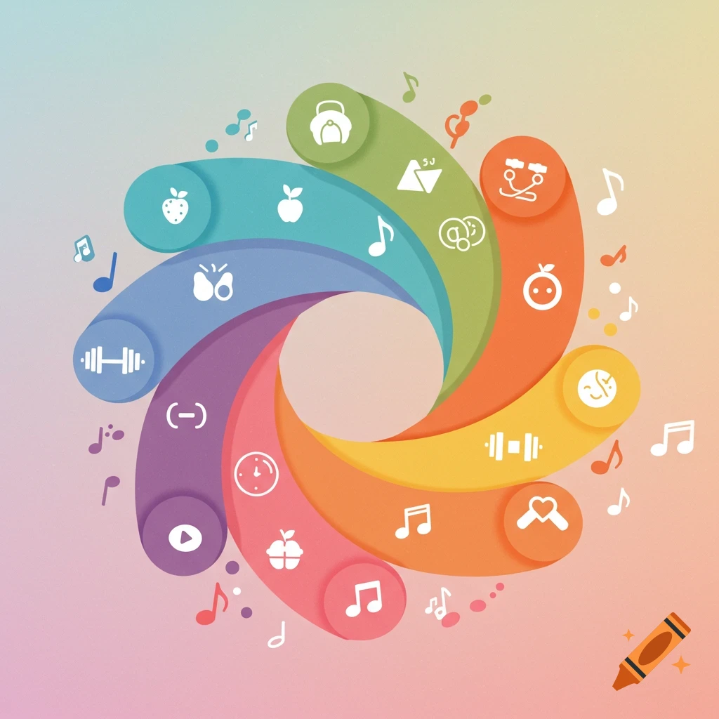 Colorful graphic swirl with icons for health, fitness, fruit, and music notes.