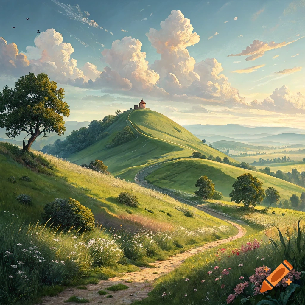 Path winding up a green hill with a small building on top under a cloudy sky, with wildflowers in the foreground.