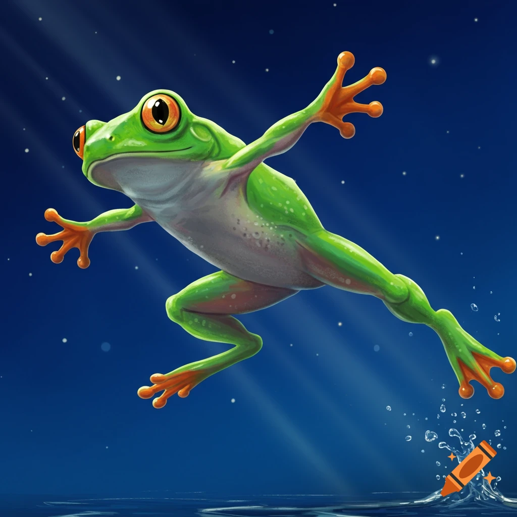 A green frog jumping from water
