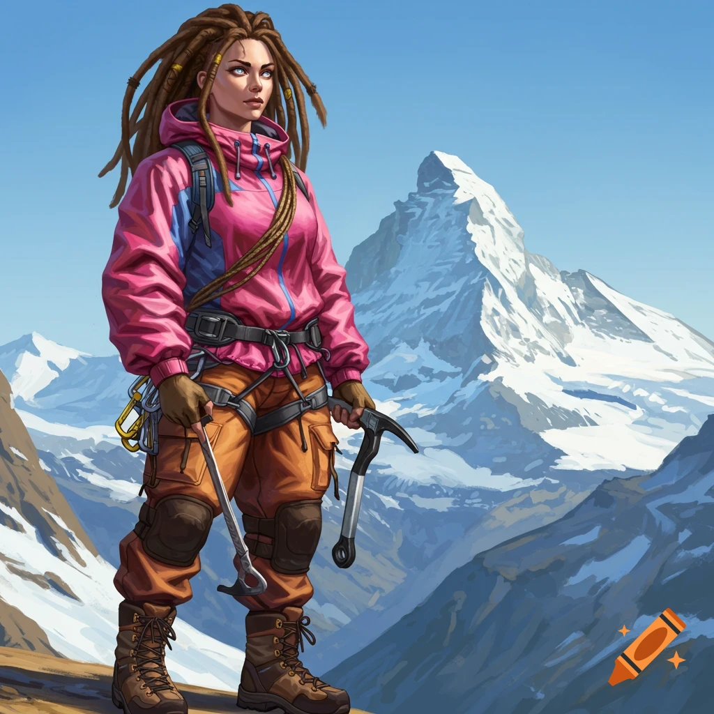 A woman with dreadlocks in climbing gear standing in front of snowy mountains.
