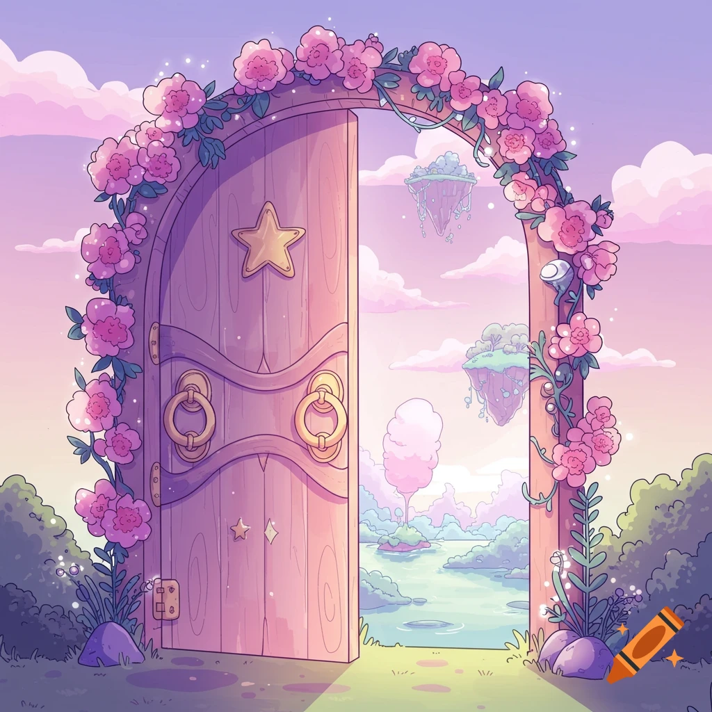 A cartoon image of an open wooden door adorned with pink flowers, leading into a dreamy fantasy landscape with floating islands, water, and trees under a pastel sky.