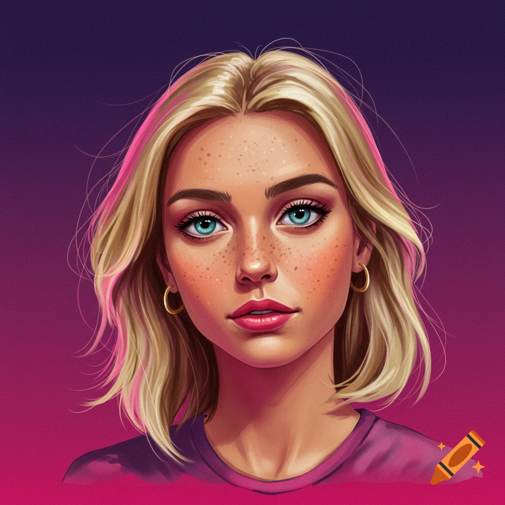 Portrait of a blonde woman with blue eyes and freckles.
