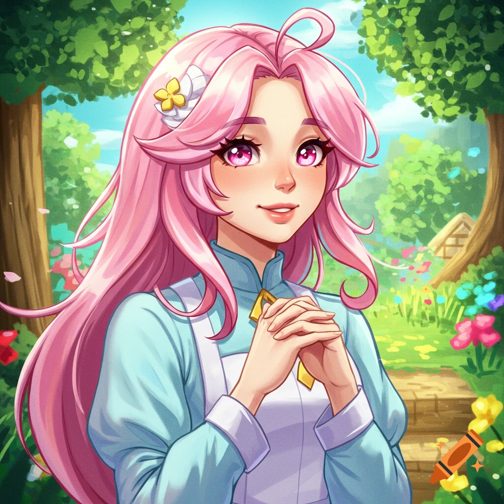 A girl with pink hair and a blue dress is in a sunny garden.