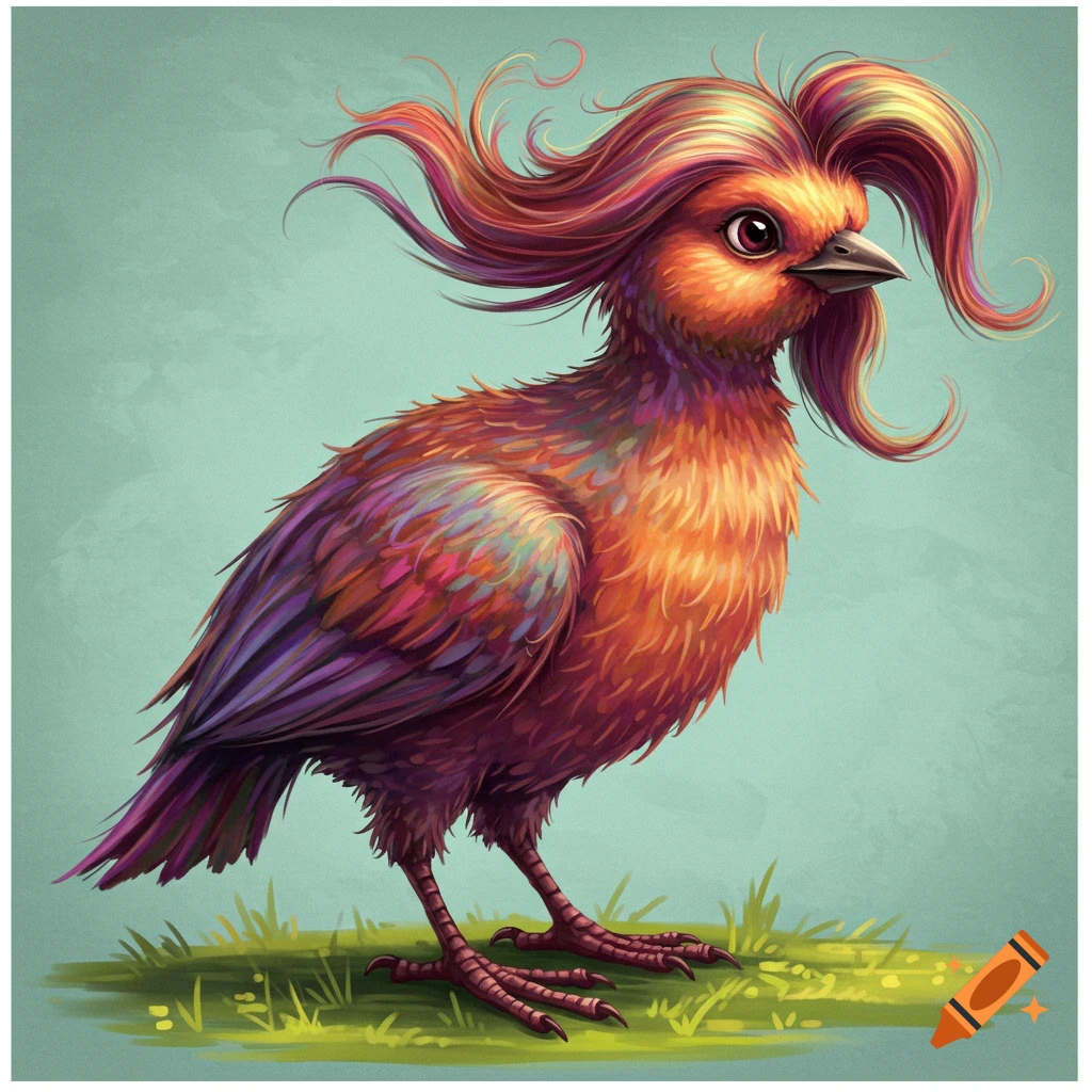 A colorful fantasy bird with flowing hair standing on grass.
