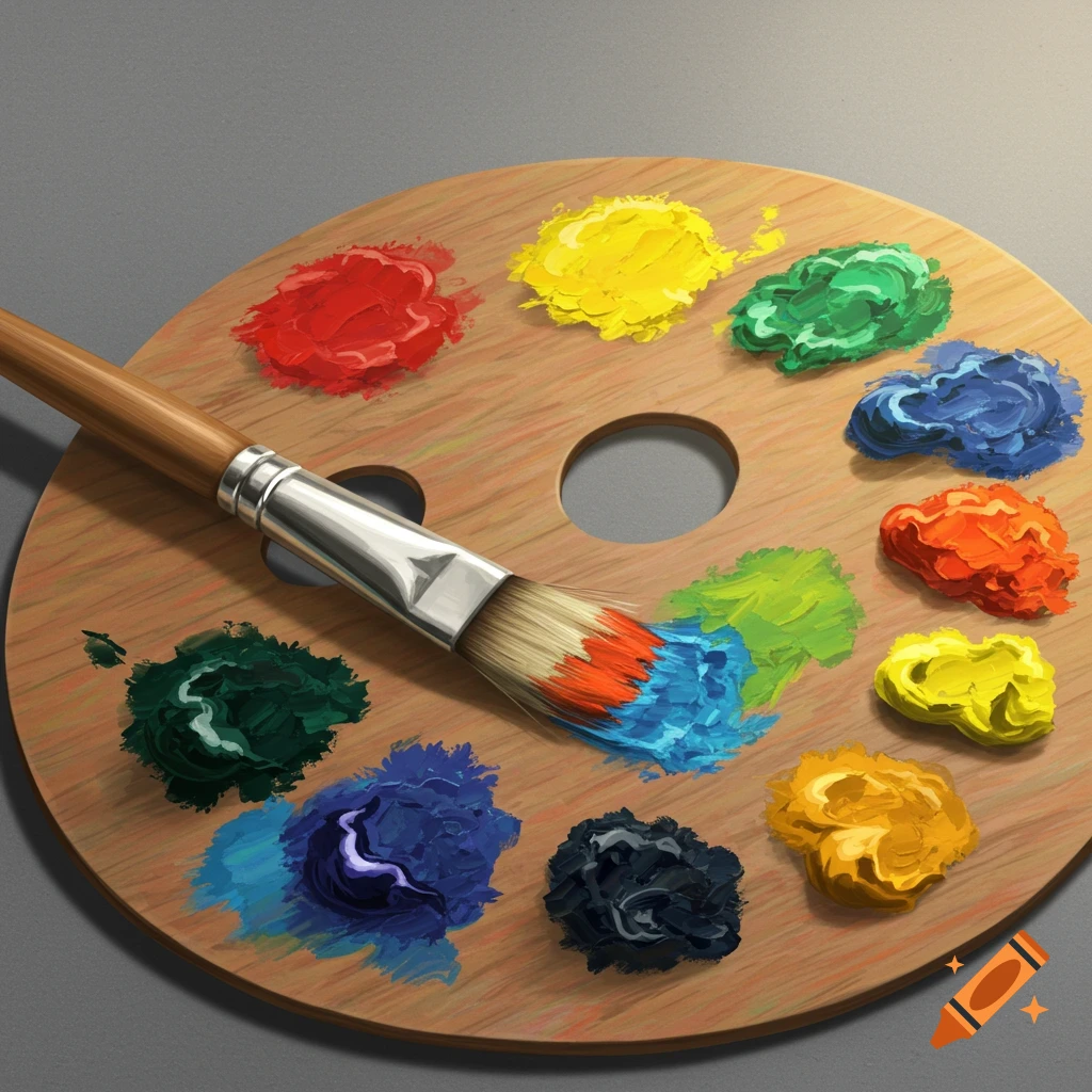 A wooden artist's palette with blobs of colorful paint and a paintbrush.