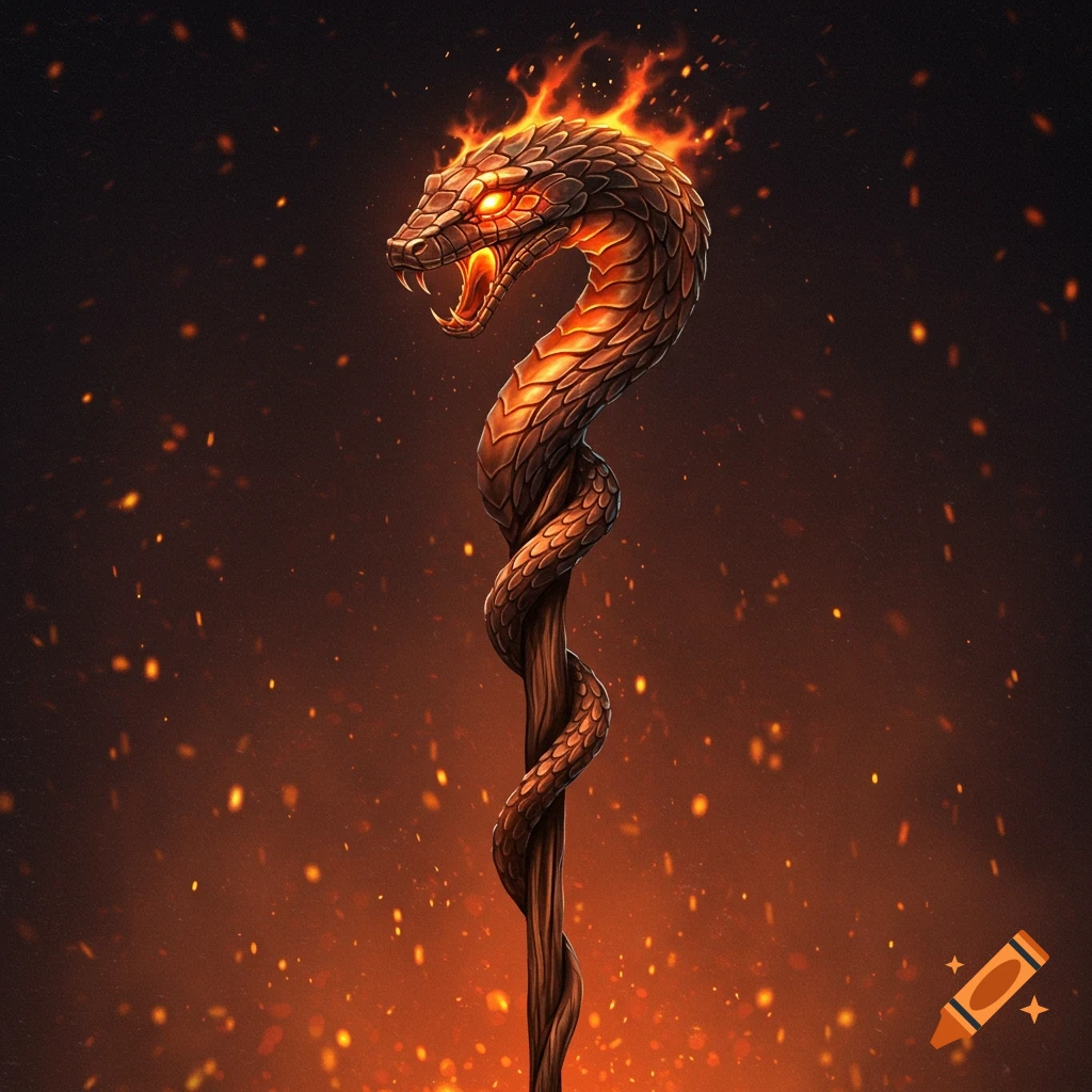 A staff with a coiled fiery serpent head and glowing eyes, surrounded by embers.