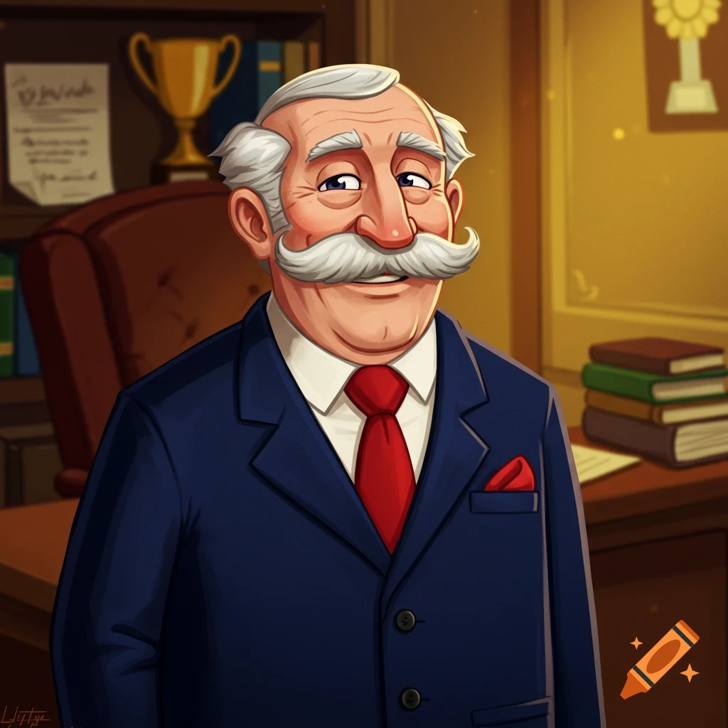A smiling man in a blue suit with a large white mustache in an office.