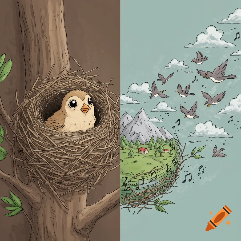 Illustration of a bird in a nest on the left and other birds flying over a landscape with musical notes on the right.