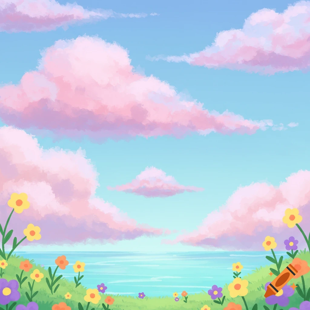 Cute landscape with colorful flowers in the foreground, ocean, and pink clouds in a blue sky.
