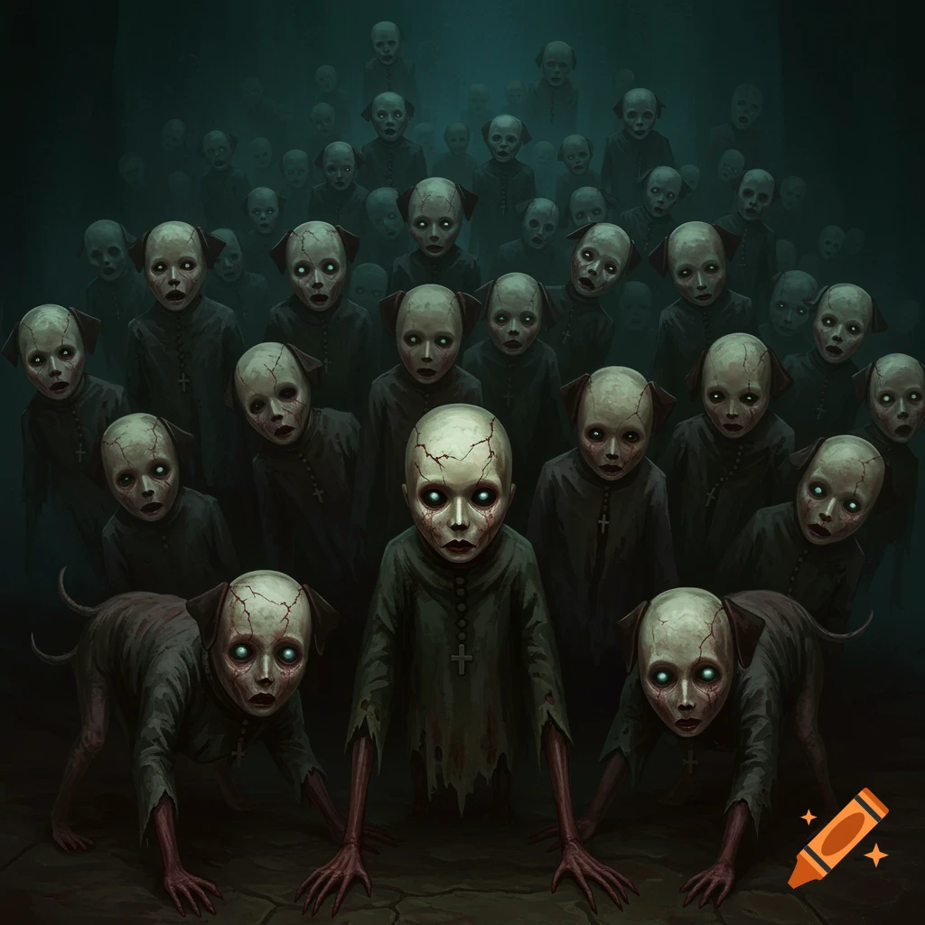 Many creepy child-like figures with glowing eyes in a dark room.