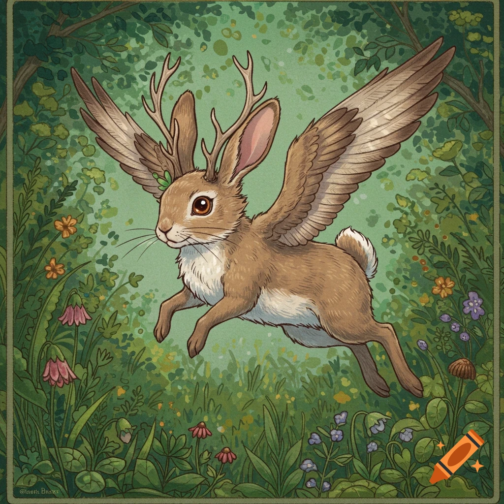 An illustration of a flying rabbit-like creature with antlers and wings, leaping through a forest.