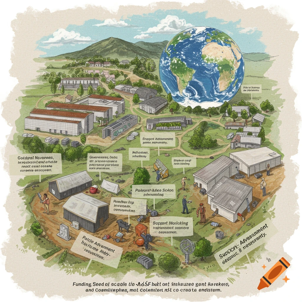 A village or project site with buildings, people, and a large globe showing Africa and Europe, featuring numerous labels with illegible text.