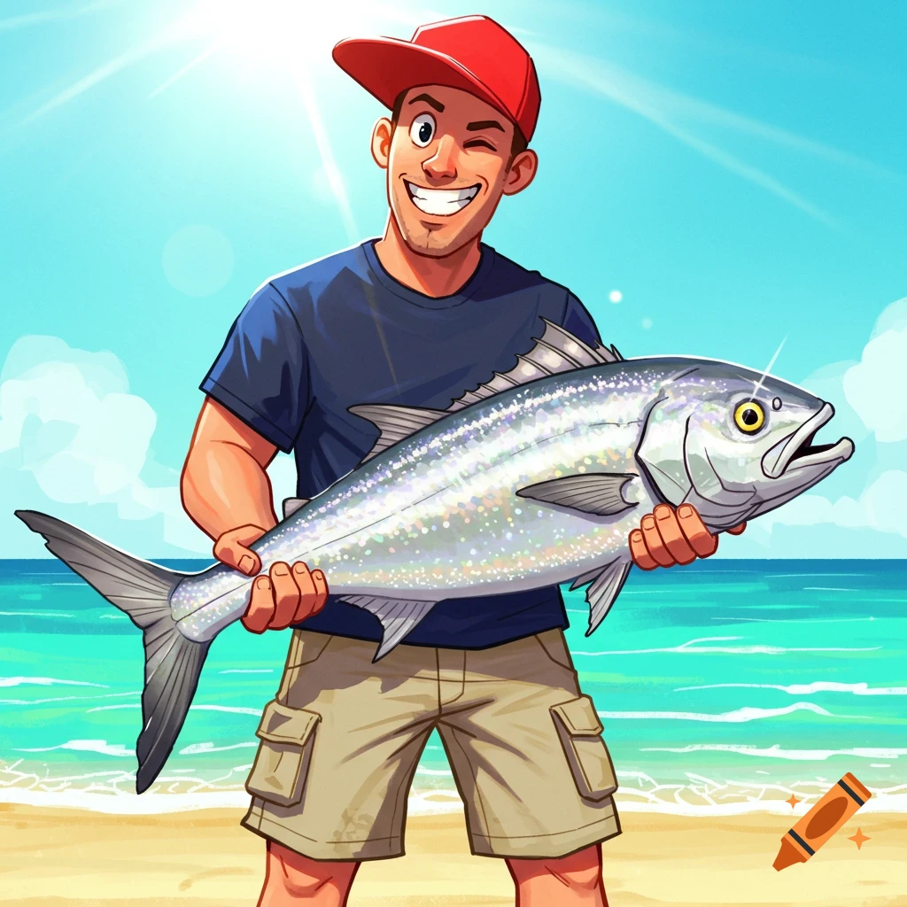 A man smiles while holding a large fish on a beach in a digital illustration style.