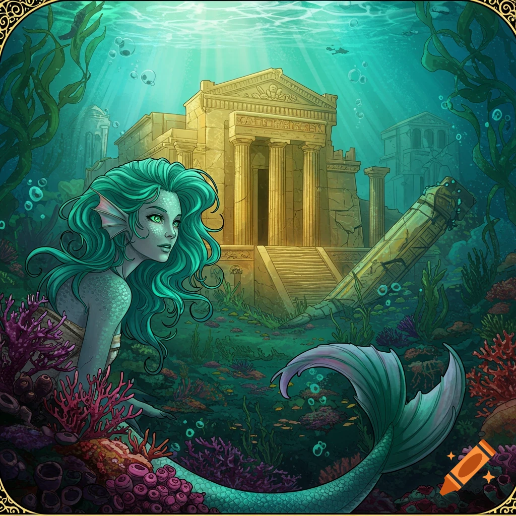 A mermaid exploring underwater ruins.