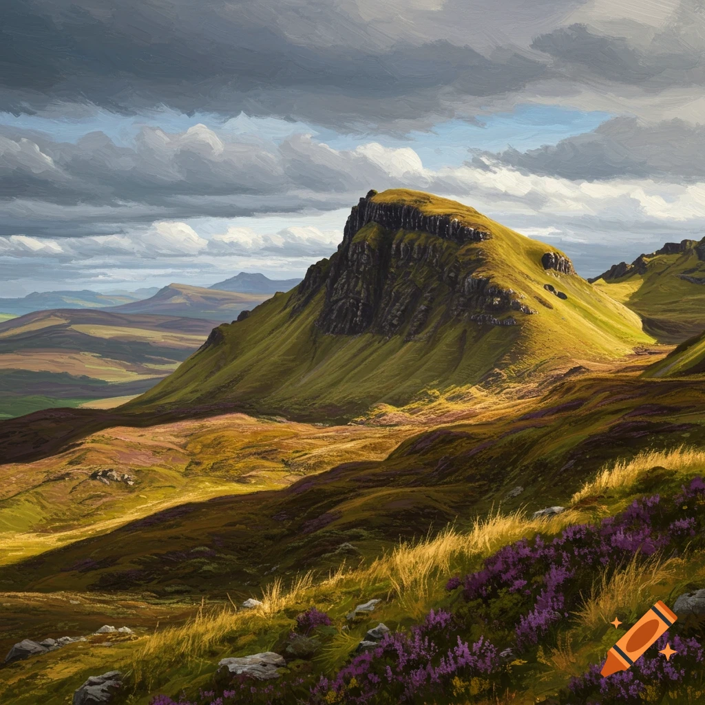Dramatic mountain landscape with rolling hills, stormy clouds, and purple wildflowers.