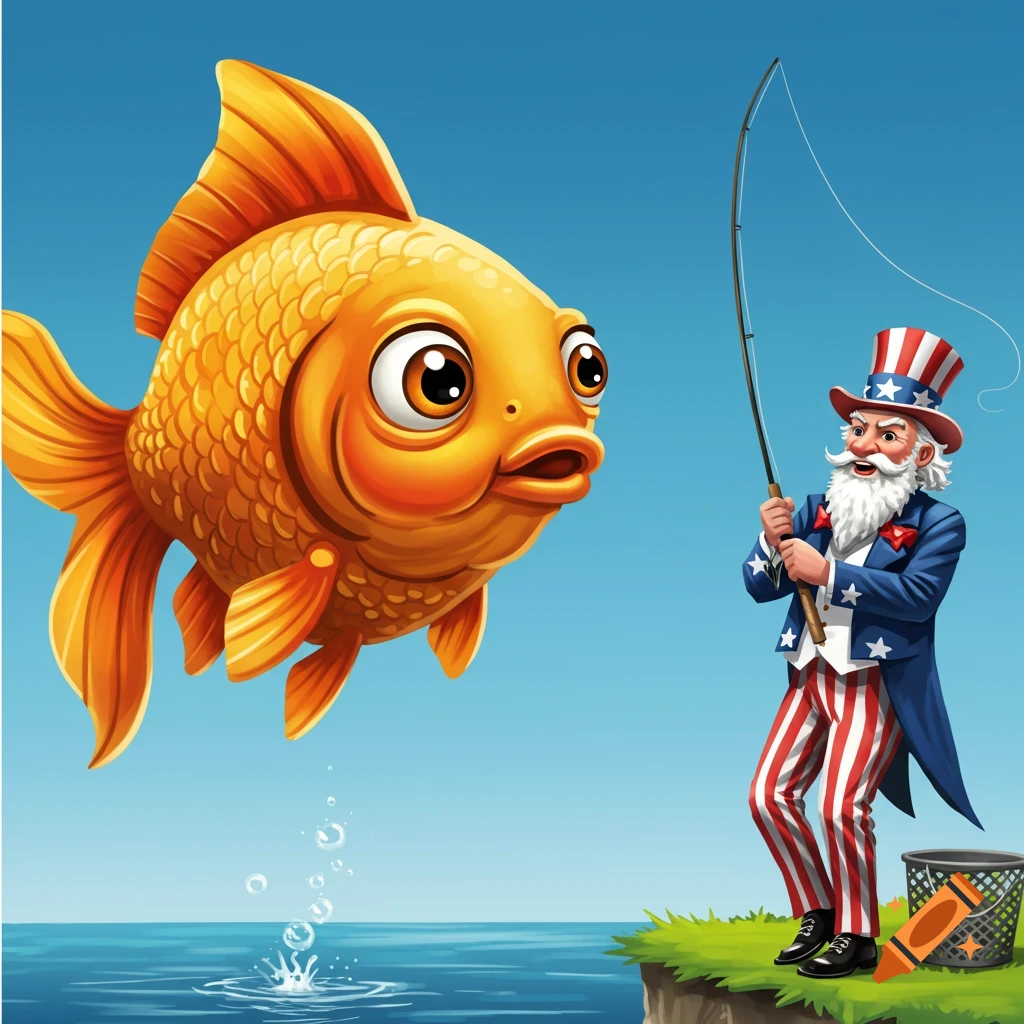 Digital illustration of Uncle Sam fishing and catching a large cartoon goldfish.