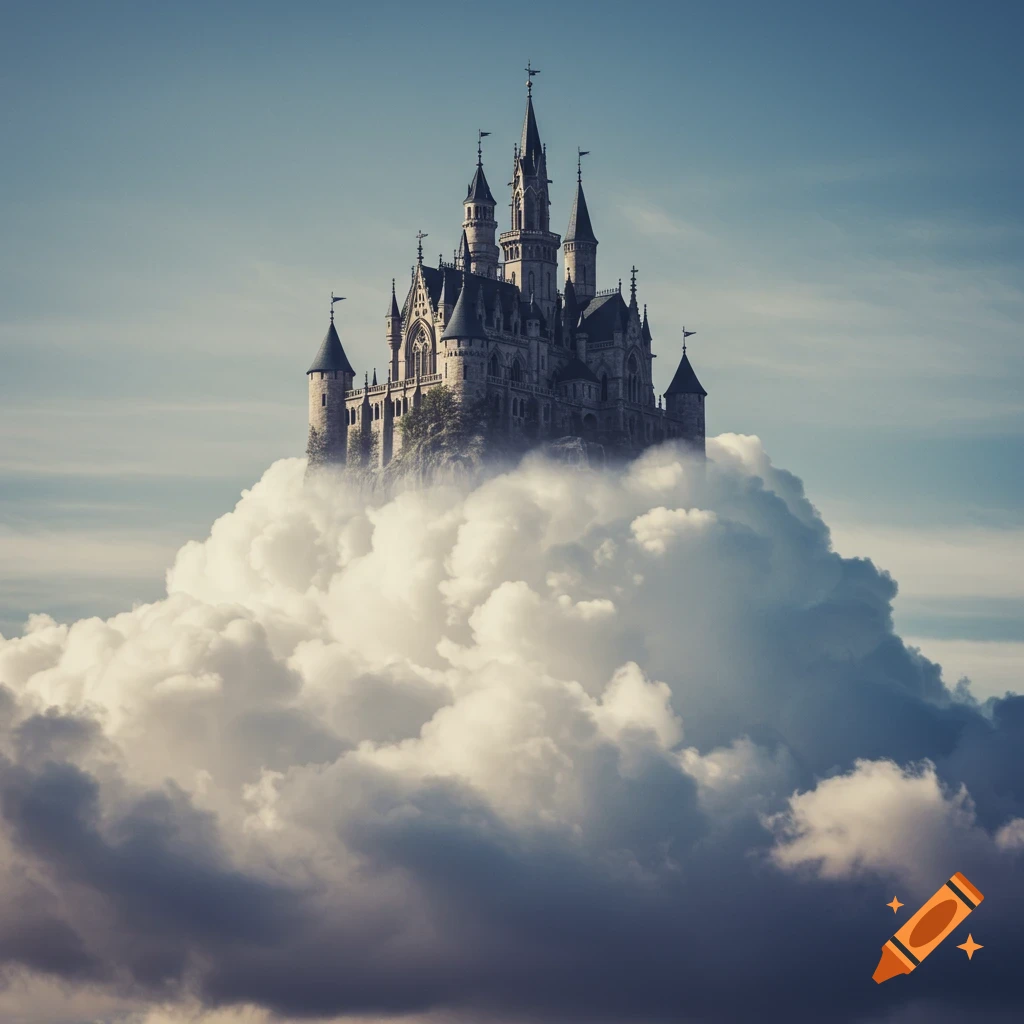 Fantastical castle floating on a large cloud against a blue sky.