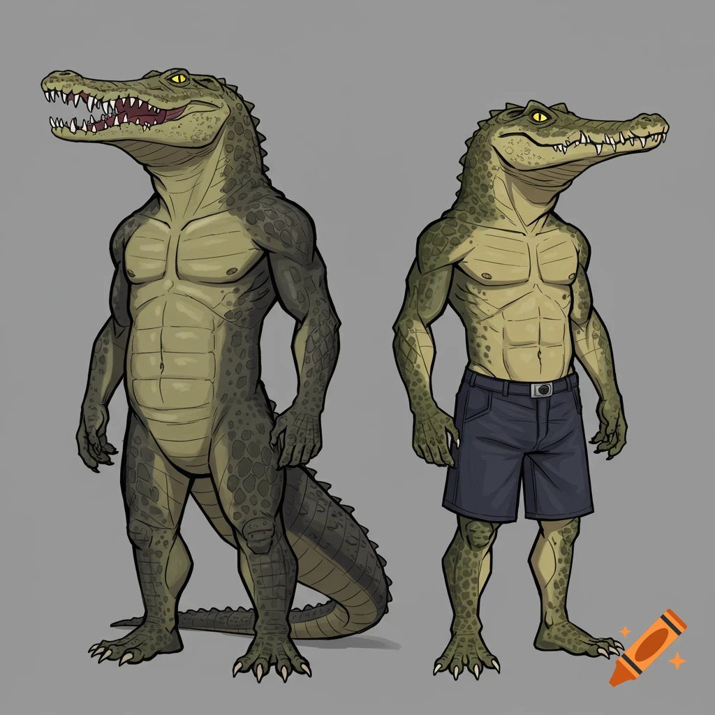 Two cartoon anthropomorphic crocodiles stand, one bare-chested, one in shorts.