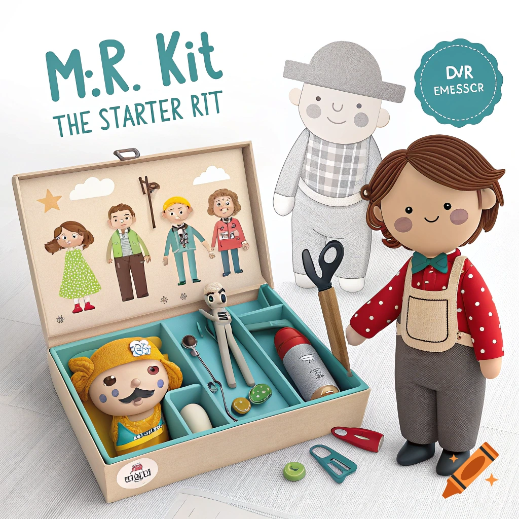 A digital illustration showing a child's 'M:R. Kit The Starter Kit' toy box with various figures and tools inside and outside the box.
