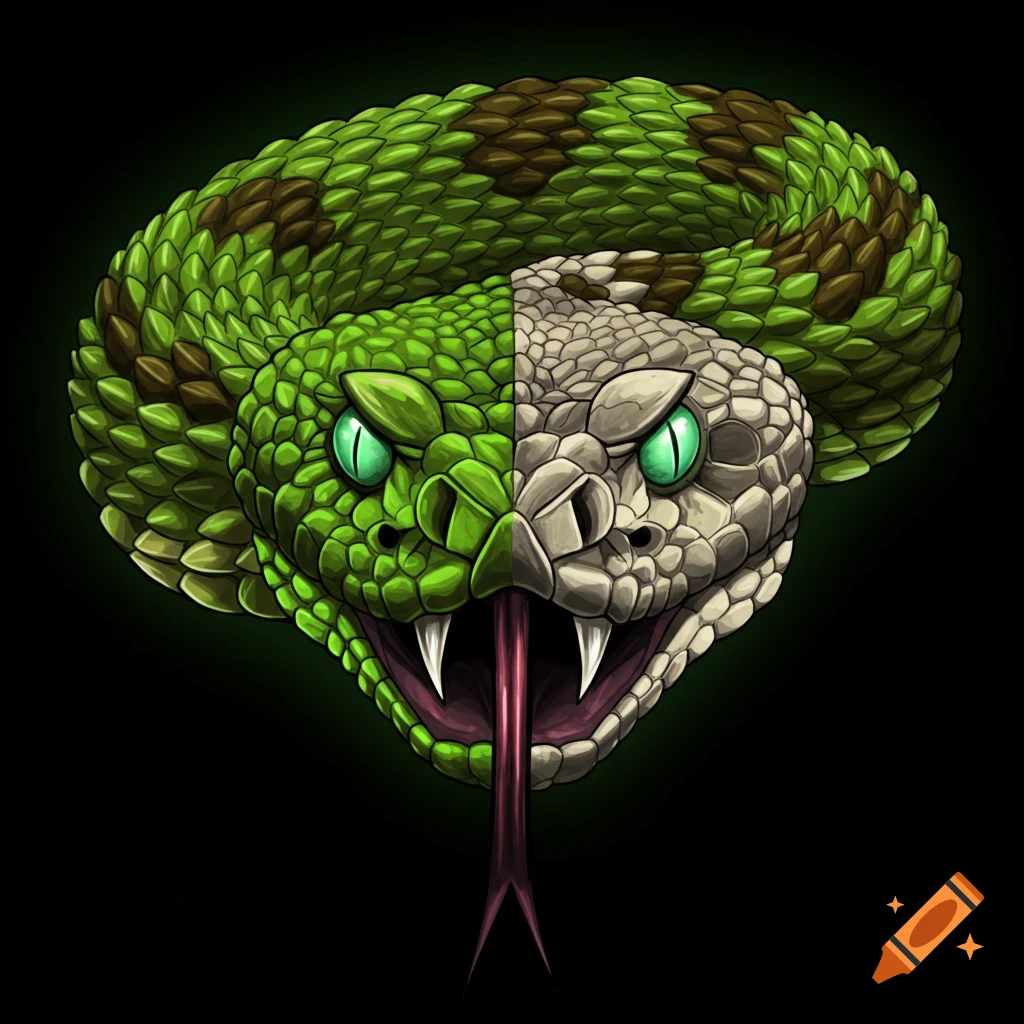 The head of a rattlesnake, half scales and half skeleton, on a black background.