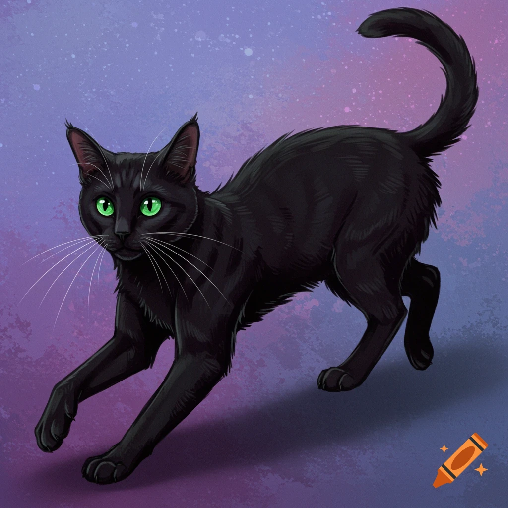 A sleek black cat with piercing green eyes crouches against a starry purple and blue background.