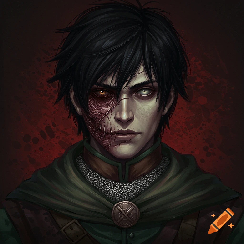 A young man with facial disfigurement and blind eye is shown in medieval clothing.