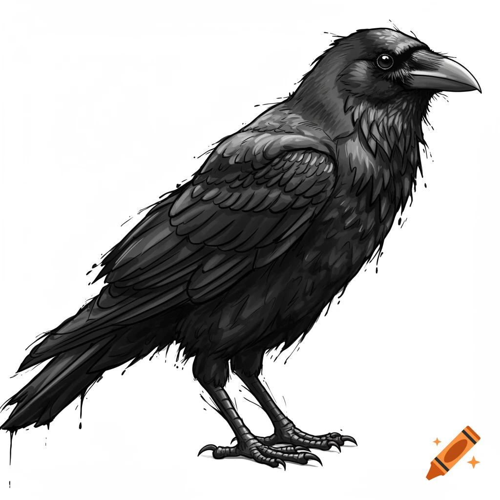 A detailed illustration of a black crow made of swirling ink against a white background.