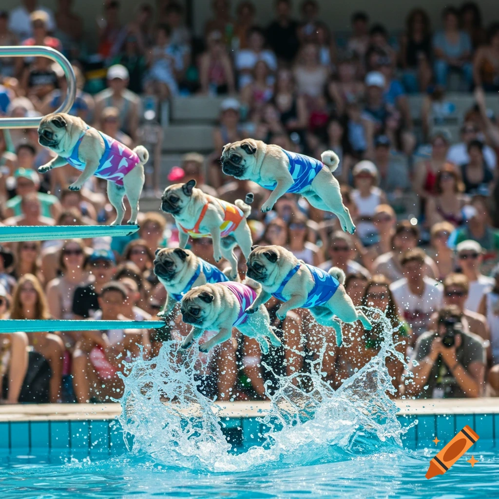 Several pugs in colorful swimsuits dive into a pool from a platform as a crowd watches.