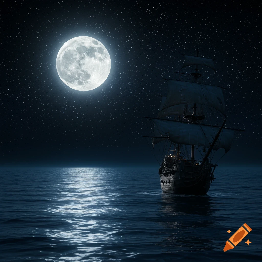 A pirate ship sails on a starry ocean under a large full moon.