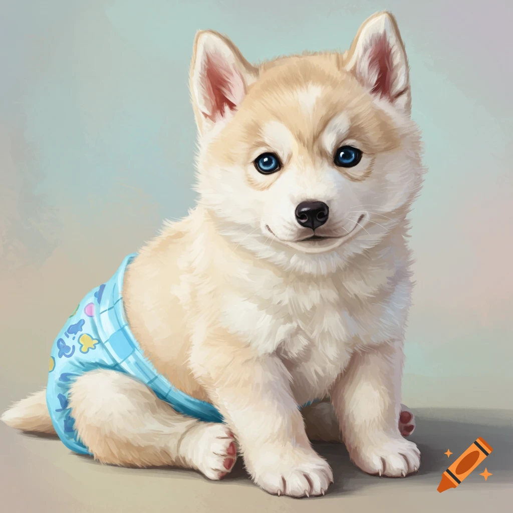 A baby husky puppy wears a blue diaper.