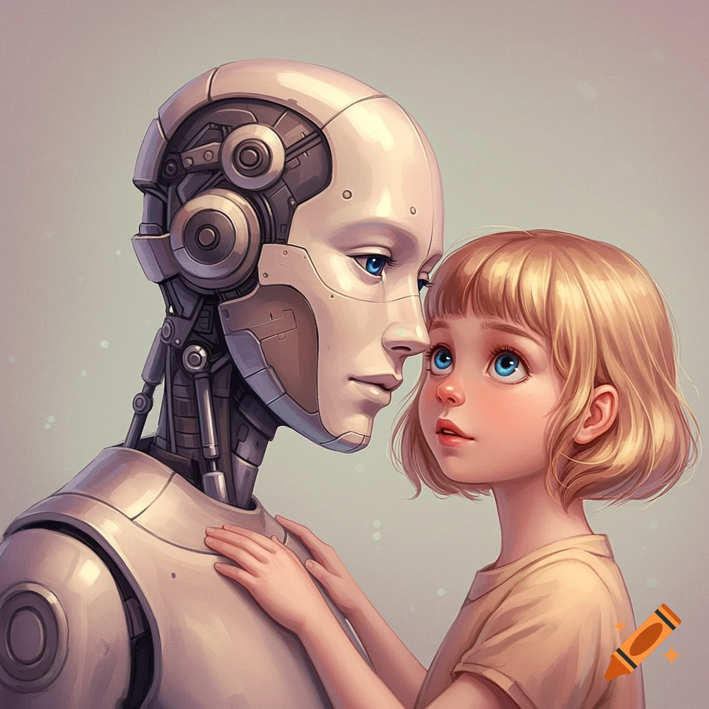 A young girl gazes at a humanoid robot.