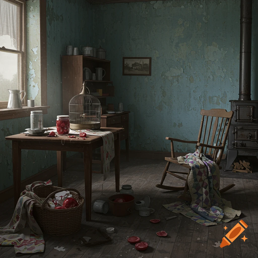 Abandoned, rustic farmhouse kitchen interior with peeling wallpaper, broken jar, birdcage, rocking chair, and wood stove.