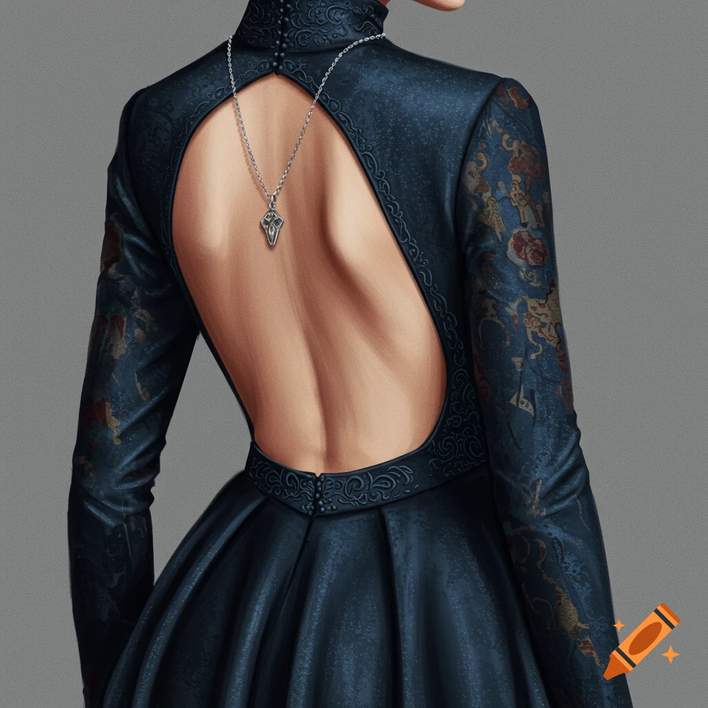 A person's back wearing a dark blue dress with an open back and a necklace.