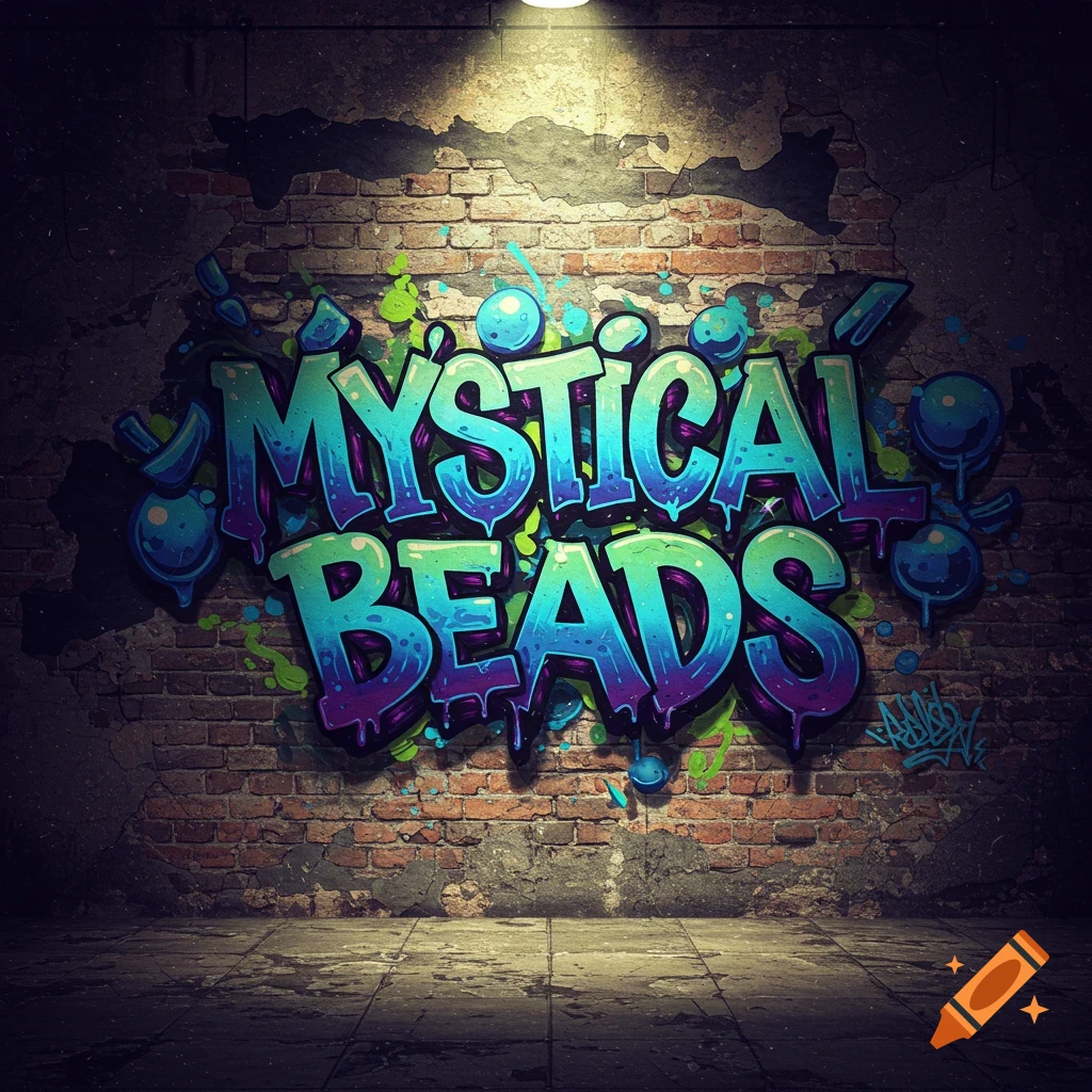 Colourful graffiti text 'Mystical Beads' on a brick wall under a spotlight
