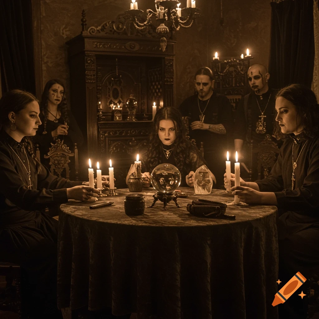 Group in dark room gathered around table with candles and crystal ball in sepia tone